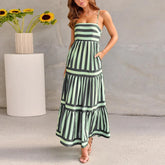 Women Summer Striped Backless Suspender Dress